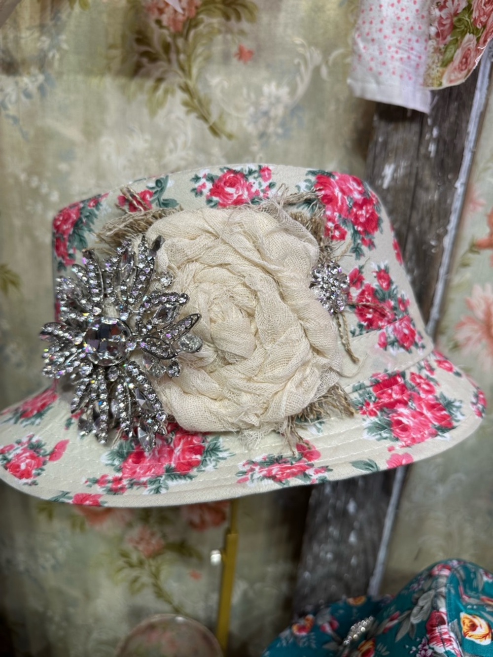 Women’s Floral Pink Rose Fedora with Cream Rosette and Rhinestone Brooch